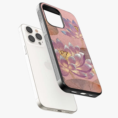 Blossom Mist Lotus Glass Case laid diagonally highlighting side profile, edges and glossy glass shine.