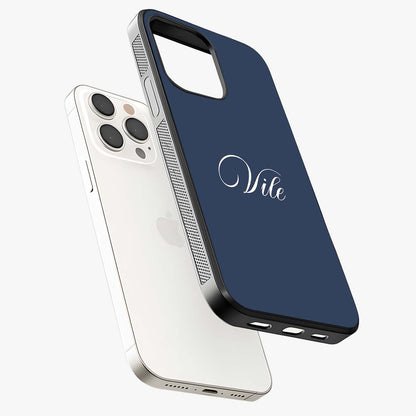 Blue Background Personalized Custom Name Glass Case laid diagonally highlighting side profile, edges and glossy glass shine.