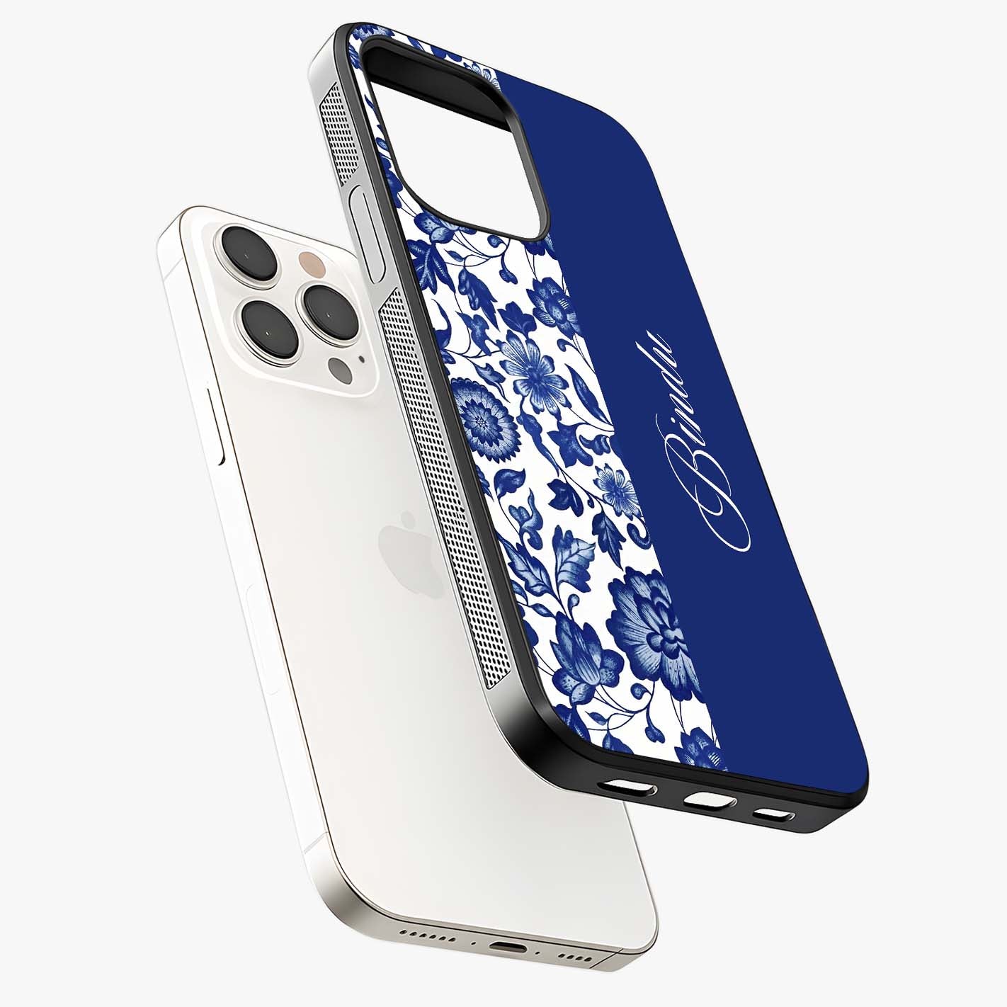Blue Vintage Floral Pattern Glass Case laid diagonally highlighting side profile, edges and glossy glass shine.