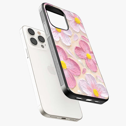 Blush Bloom Texture Glass Case laid diagonally highlighting side profile, edges and glossy glass shine.