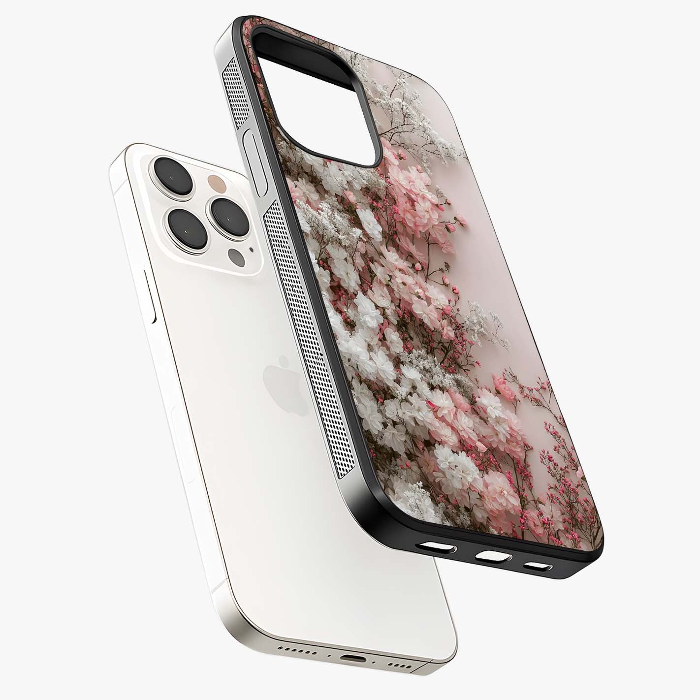Blush Blossom Cloud Glass Case laid diagonally highlighting side profile, edges and glossy glass shine.