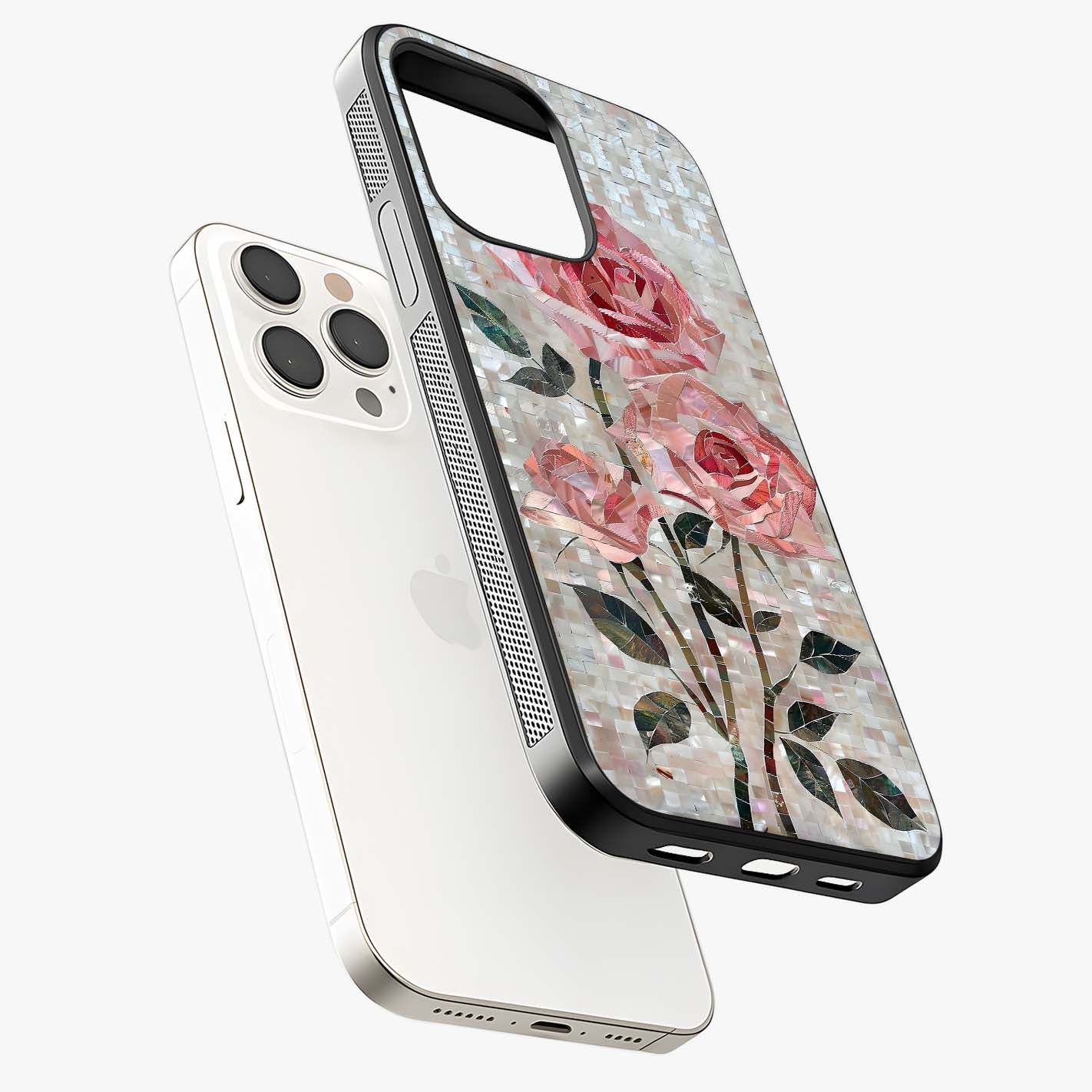 Blush Mosaic Bloom Glass Case laid diagonally highlighting side profile, edges and glossy glass shine.