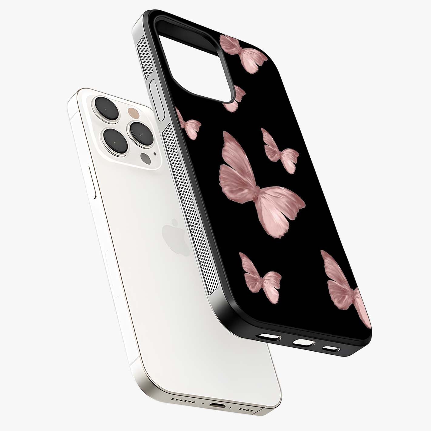 Butterfly Pattern Glass Case laid diagonally highlighting side profile, edges and glossy glass shine.