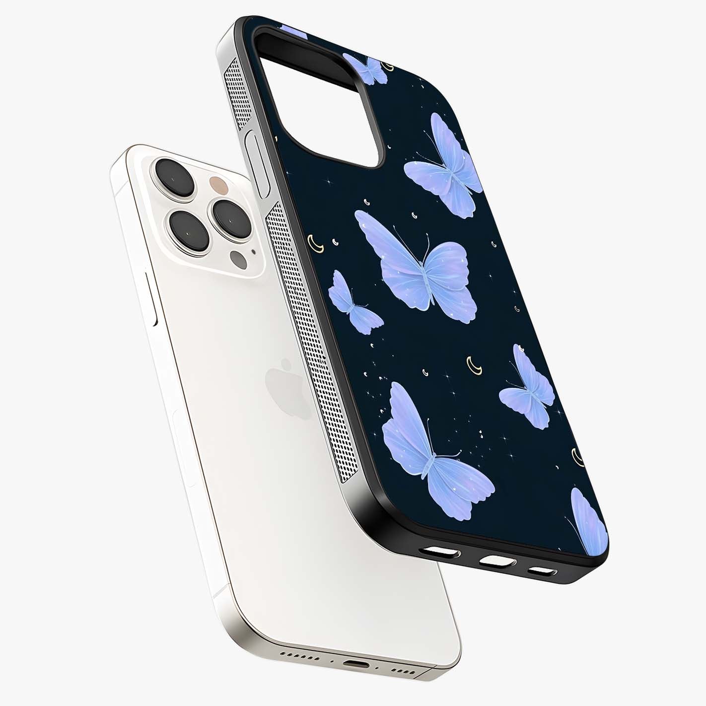 Butterfly With Stars Pattern Glass Case laid diagonally highlighting side profile, edges and glossy glass shine.