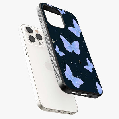 Butterfly With Stars Pattern Glass Case laid diagonally highlighting side profile, edges and glossy glass shine.
