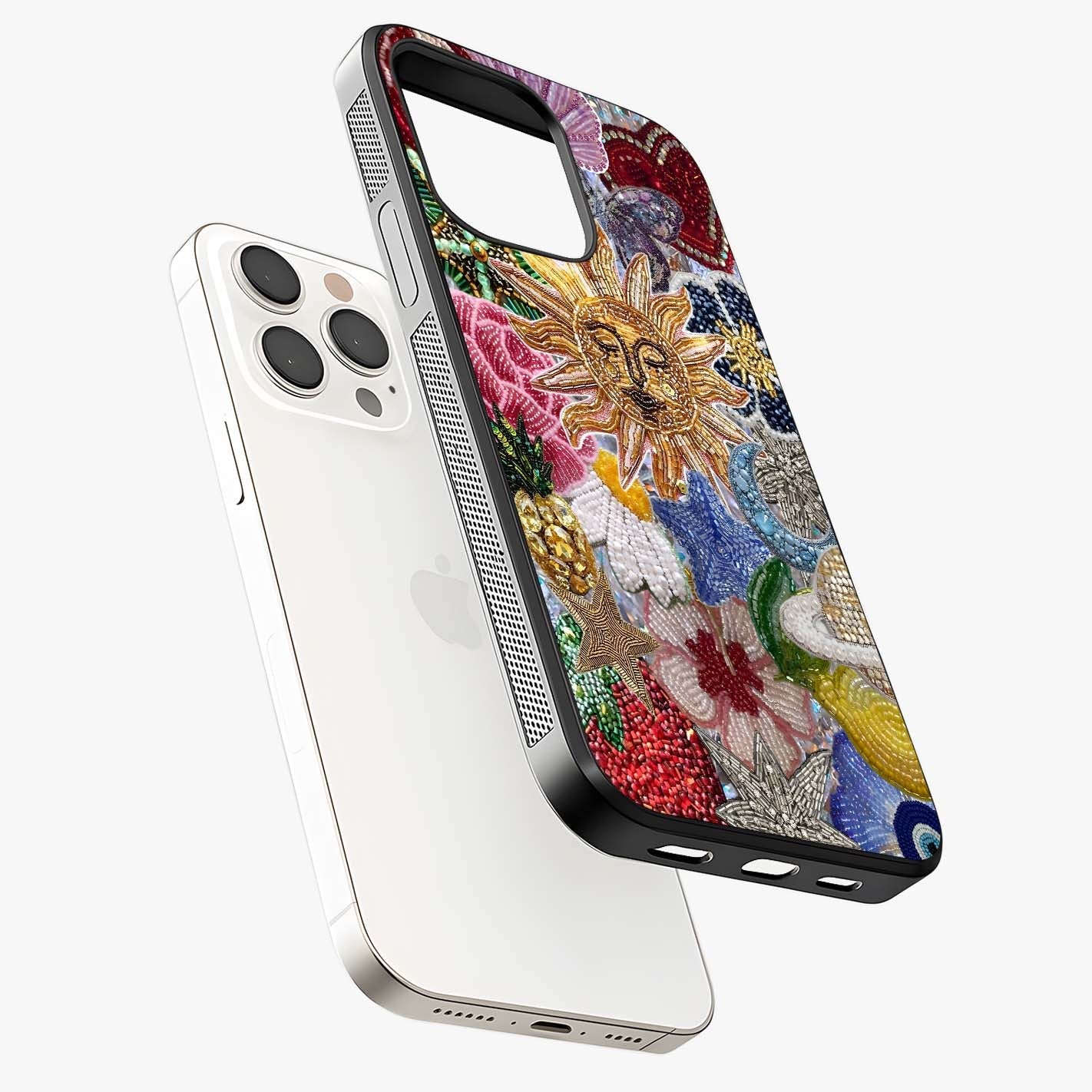 Celestial Floral And Playful Glass Case laid diagonally highlighting side profile, edges and glossy glass shine.