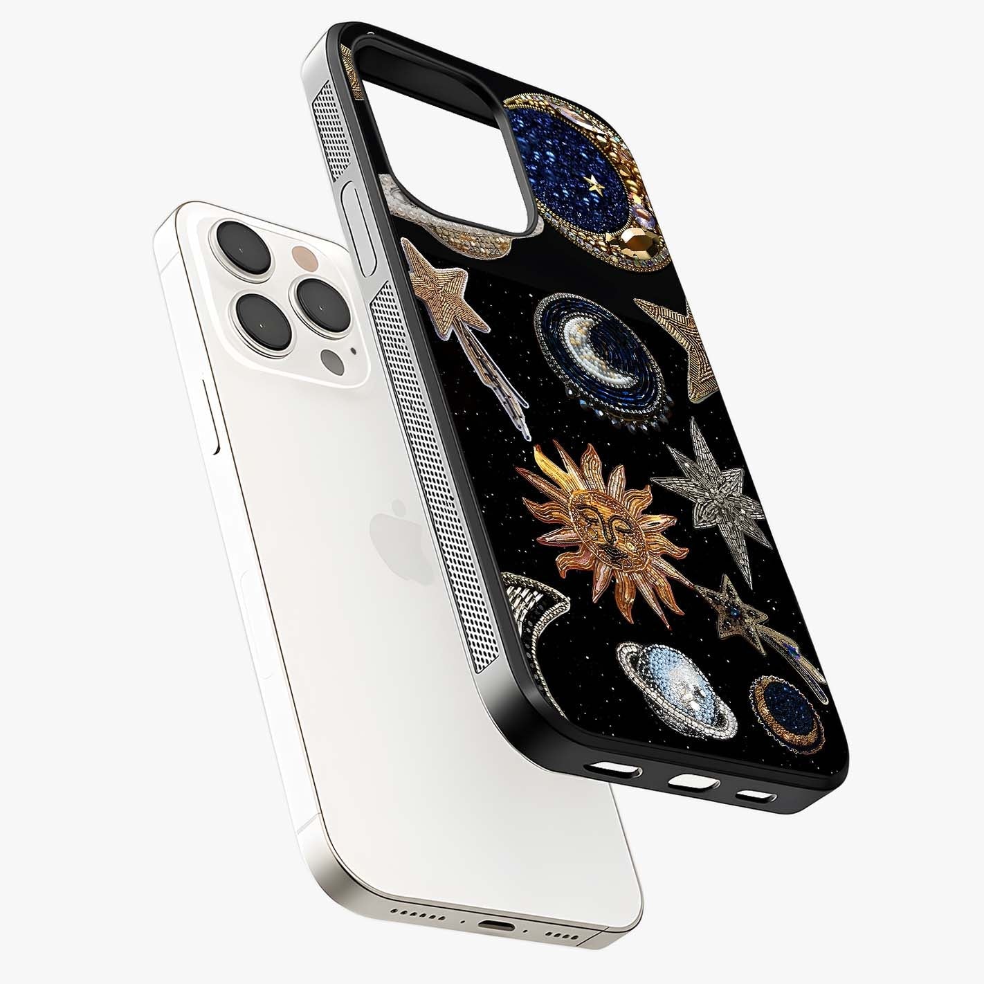 Celestial Gem Constellations Glass Case laid diagonally highlighting side profile, edges and glossy glass shine.