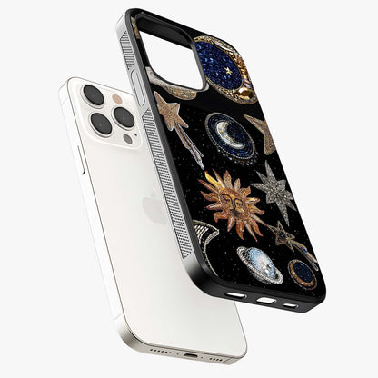 Celestial Gem Constellations Glass Case laid diagonally highlighting side profile, edges and glossy glass shine.