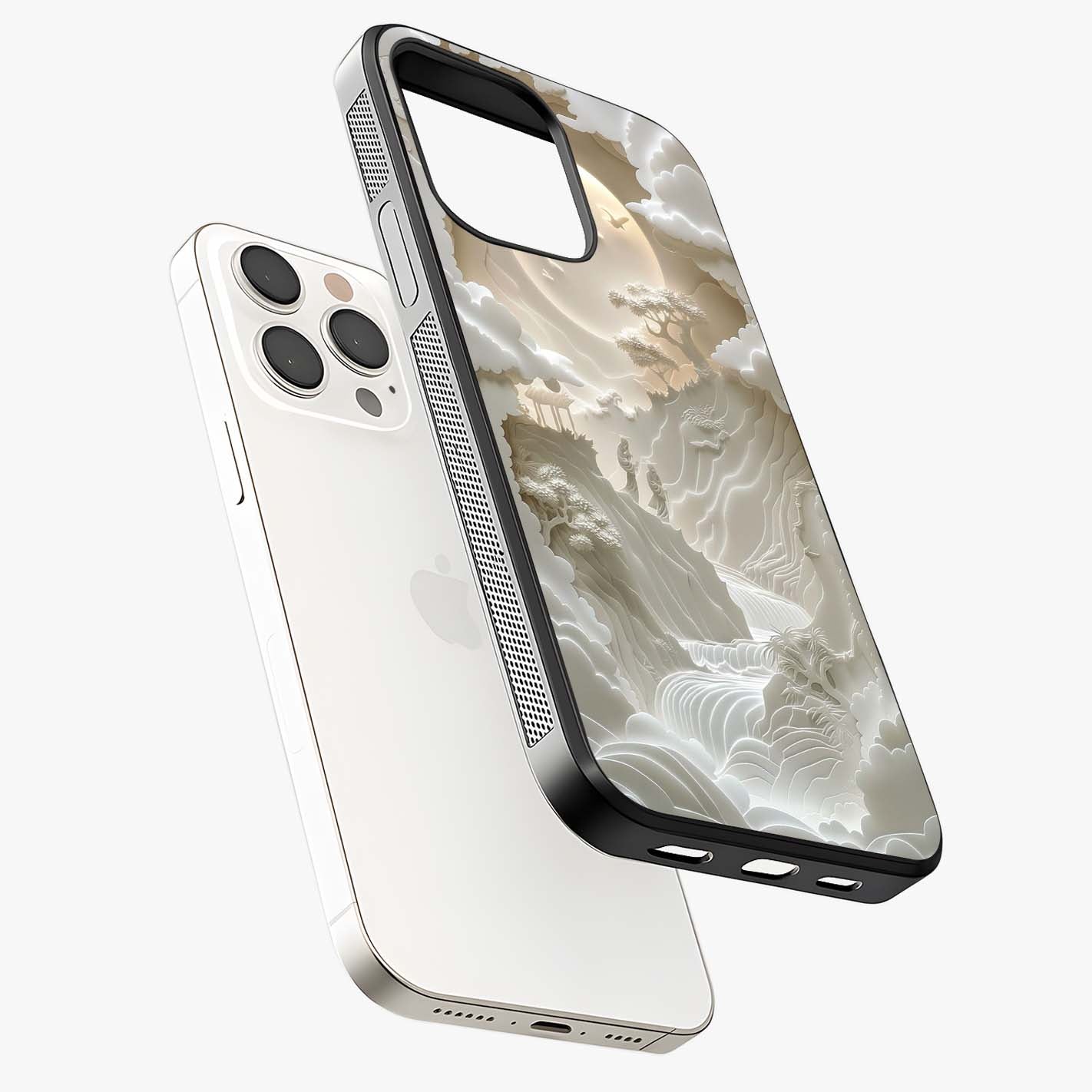 Celestial Origami Glass Case laid diagonally highlighting side profile, edges and glossy glass shine.