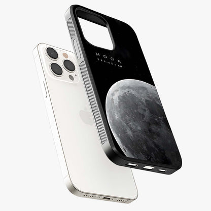 Cosmic Moon Glow Glass Case laid diagonally highlighting side profile, edges and glossy glass shine.