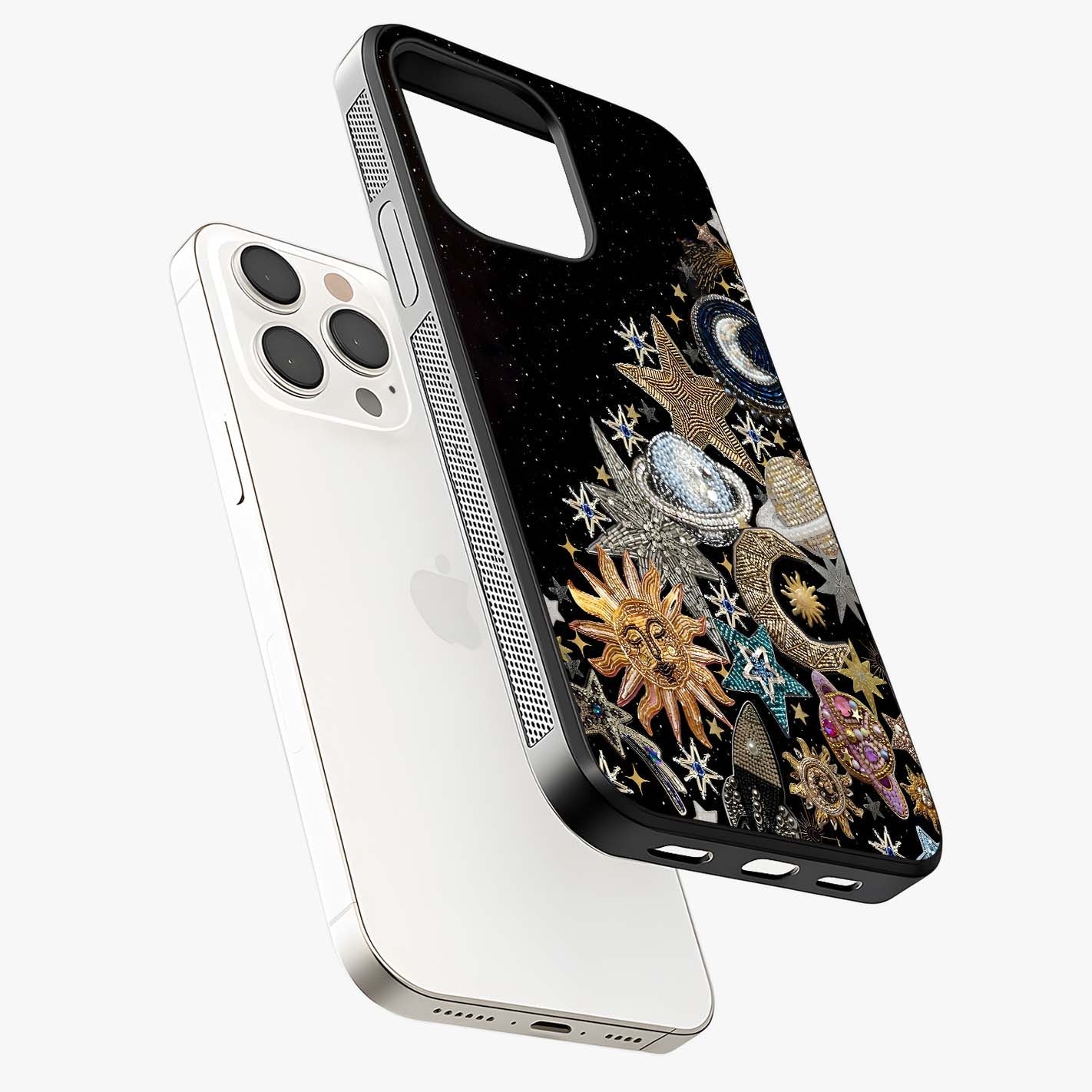 Cosmic Sparkle Dreams Glass Case laid diagonally highlighting side profile, edges and glossy glass shine.