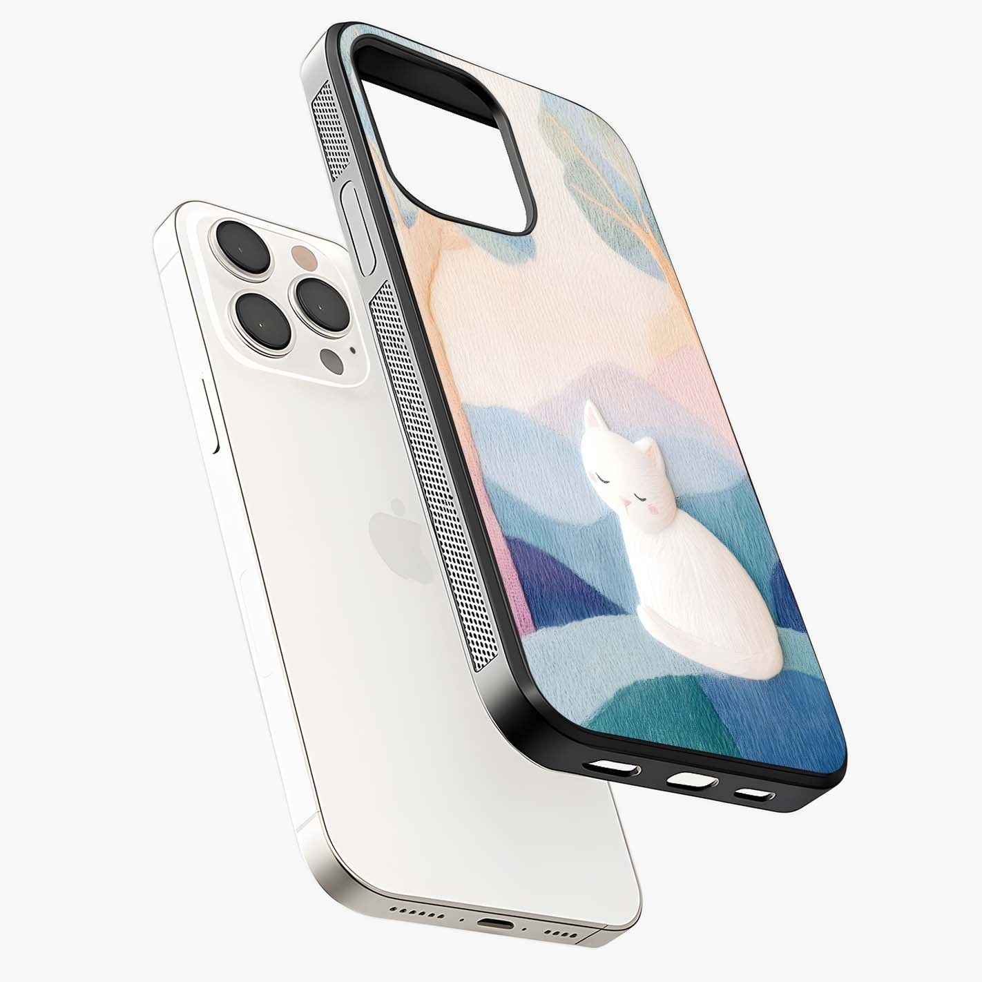 Cotton Dream Cat Glass Case laid diagonally highlighting side profile, edges and glossy glass shine.