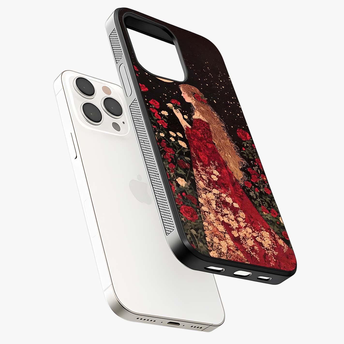 Crimson Dreams Glass Case laid diagonally highlighting side profile, edges and glossy glass shine.