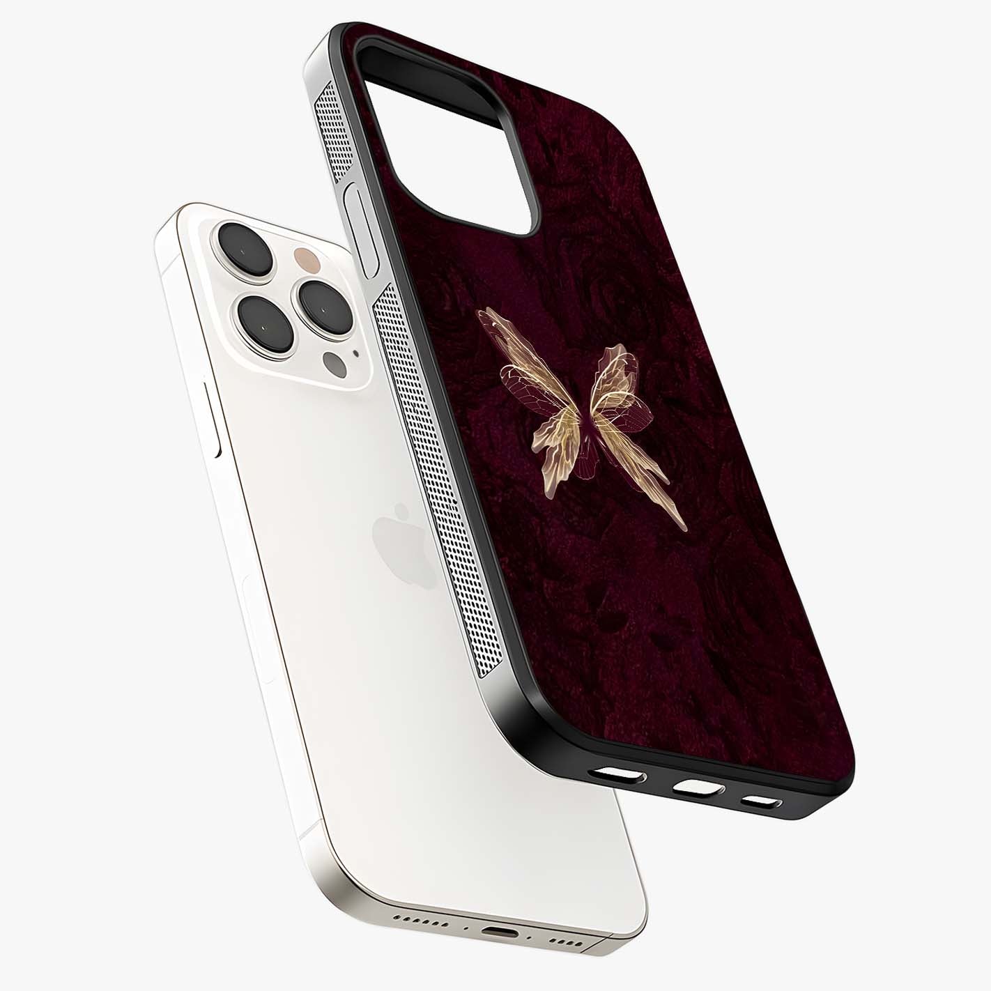Crimson Fade Butterfly Glass Case laid diagonally highlighting side profile, edges and glossy glass shine.