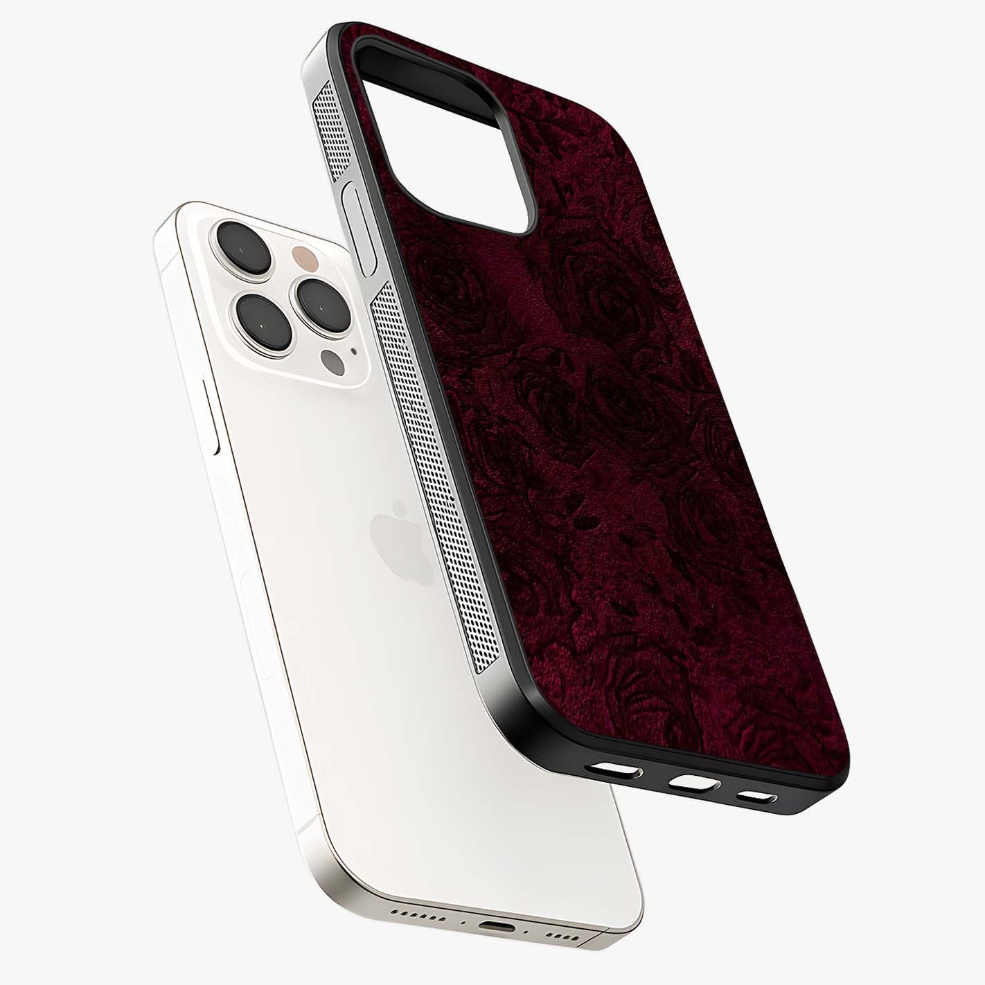 Crimson Fade Flow Glass Case laid diagonally highlighting side profile, edges and glossy glass shine.