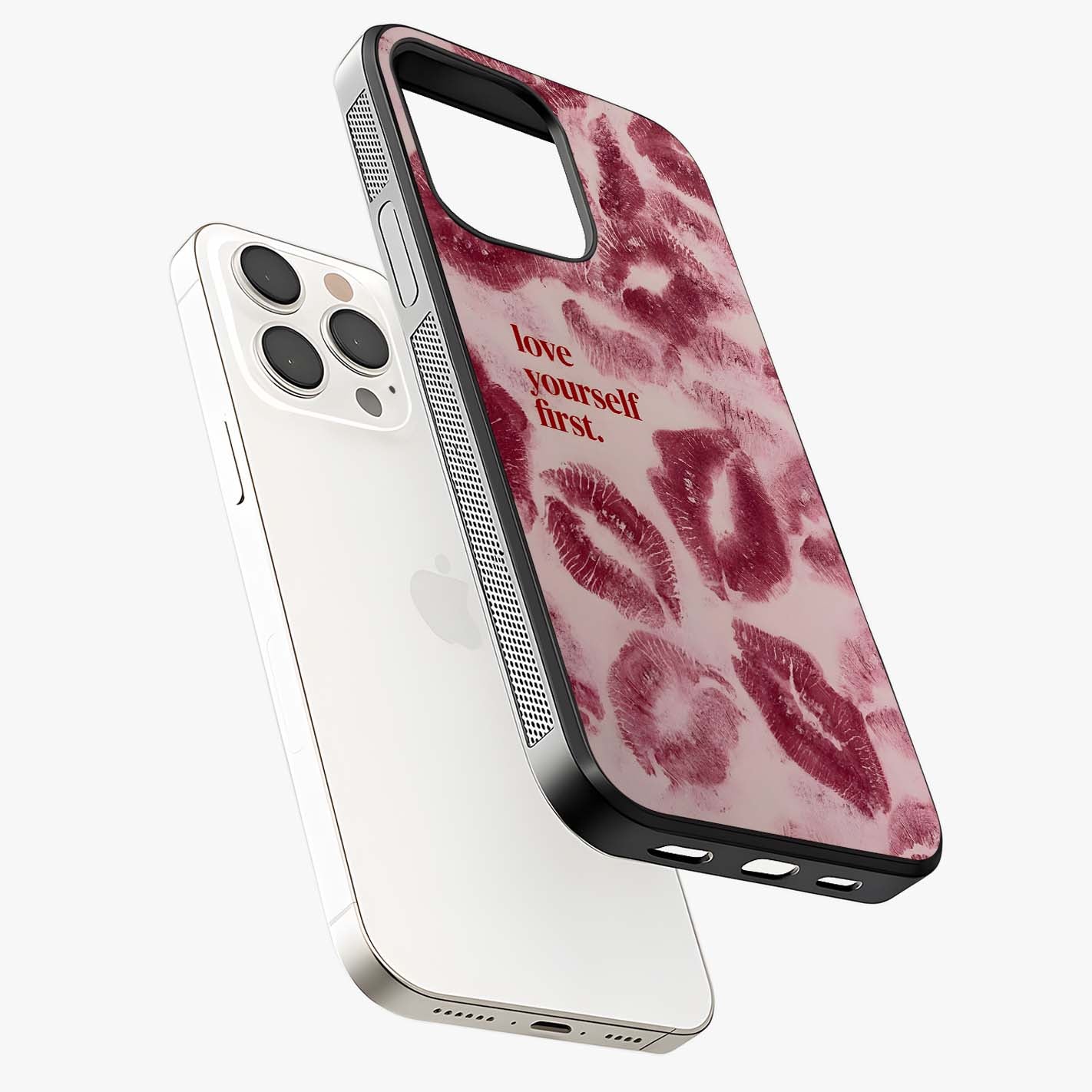Crimson Kiss Love Glass Case laid diagonally highlighting side profile, edges and glossy glass shine.