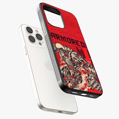 Crimson Mecha Titan Glass Case laid diagonally highlighting side profile, edges and glossy glass shine.