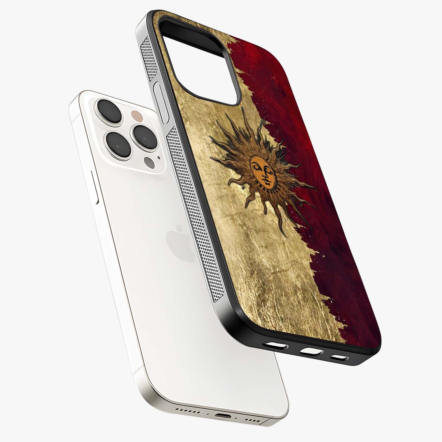 Crimson Sun Majesty Glass Case laid diagonally highlighting side profile, edges and glossy glass shine.