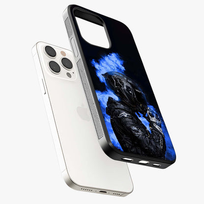 Cyber Sentinel Protocol Glass Case laid diagonally highlighting side profile, edges and glossy glass shine.