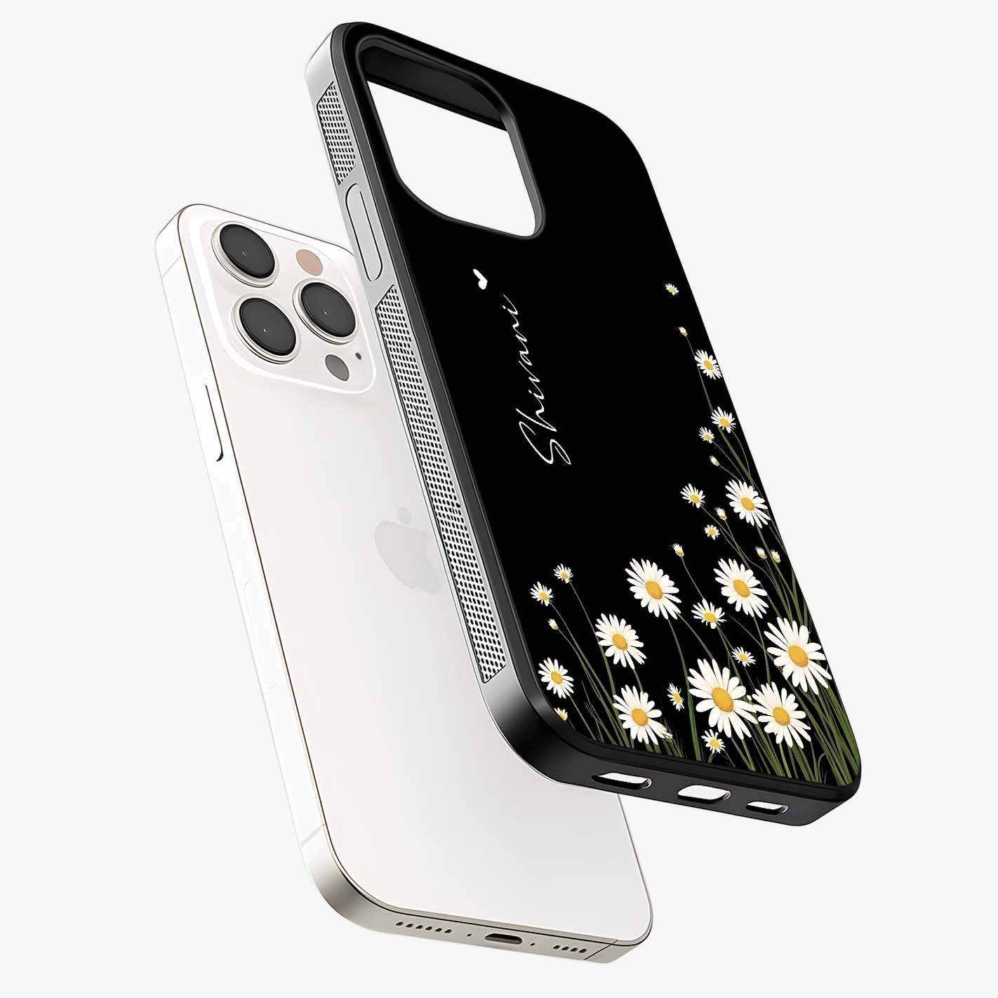 Daisy Cascade Custom Name Glass Case laid diagonally highlighting side profile, edges and glossy glass shine.