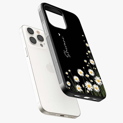 Daisy Cascade Custom Name Glass Case laid diagonally highlighting side profile, edges and glossy glass shine.