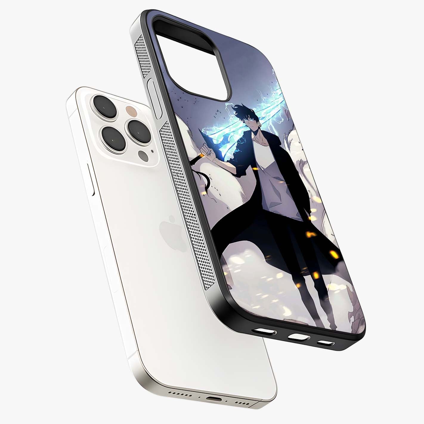 Dark Lightning Anime Warrior Glass Case laid diagonally highlighting side profile, edges and glossy glass shine.