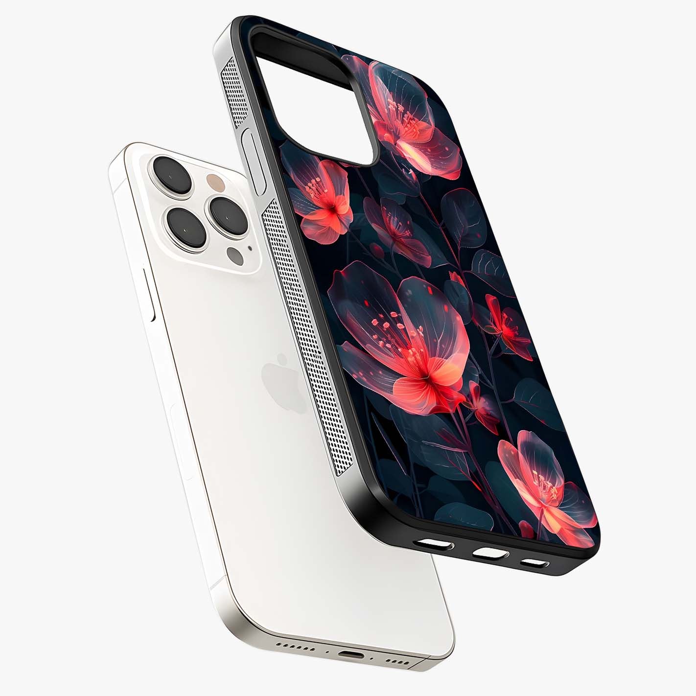 Dark Shade Of Flower Glass Case laid diagonally highlighting side profile, edges and glossy glass shine.