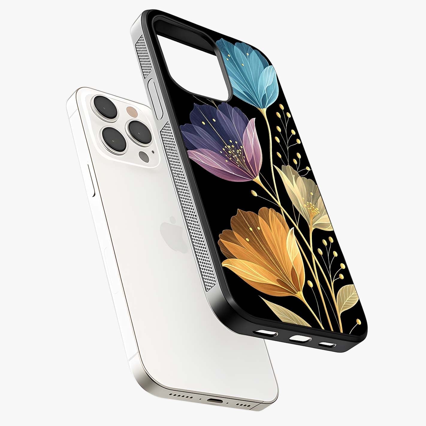 Delicate Multicolor Flowers Glass Case laid diagonally highlighting side profile, edges and glossy glass shine.