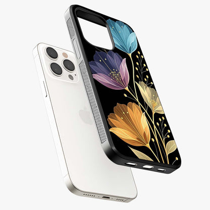Delicate Multicolor Flowers Glass Case laid diagonally highlighting side profile, edges and glossy glass shine.