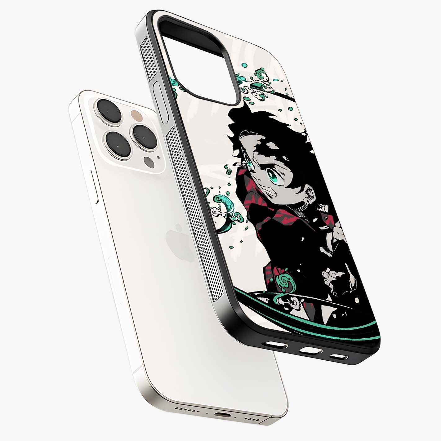 Demon Slayer Glass Case laid diagonally highlighting side profile, edges and glossy glass shine.
