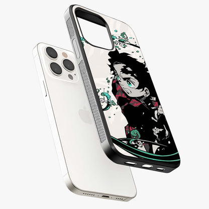 Demon Slayer Glass Case laid diagonally highlighting side profile, edges and glossy glass shine.
