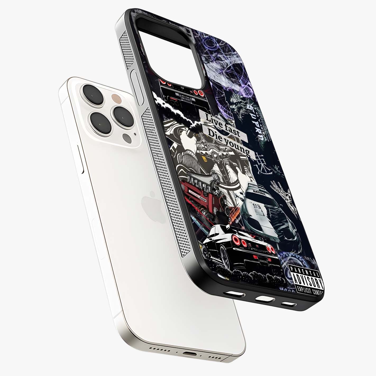 Die Young Glass Case laid diagonally highlighting side profile, edges and glossy glass shine.
