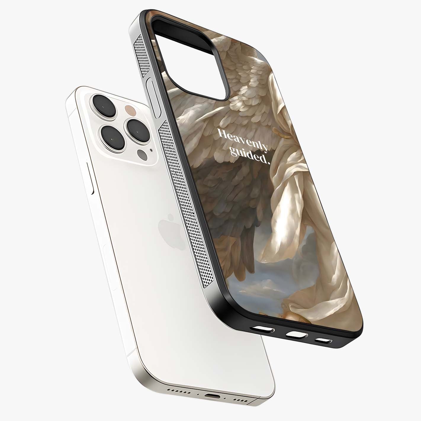 Divine Winged Grace Glass Case laid diagonally highlighting side profile, edges and glossy glass shine.