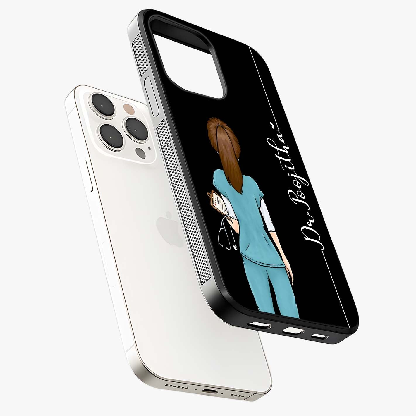 Doctor Pattern Custom Name Glass Case laid diagonally highlighting side profile, edges and glossy glass shine.