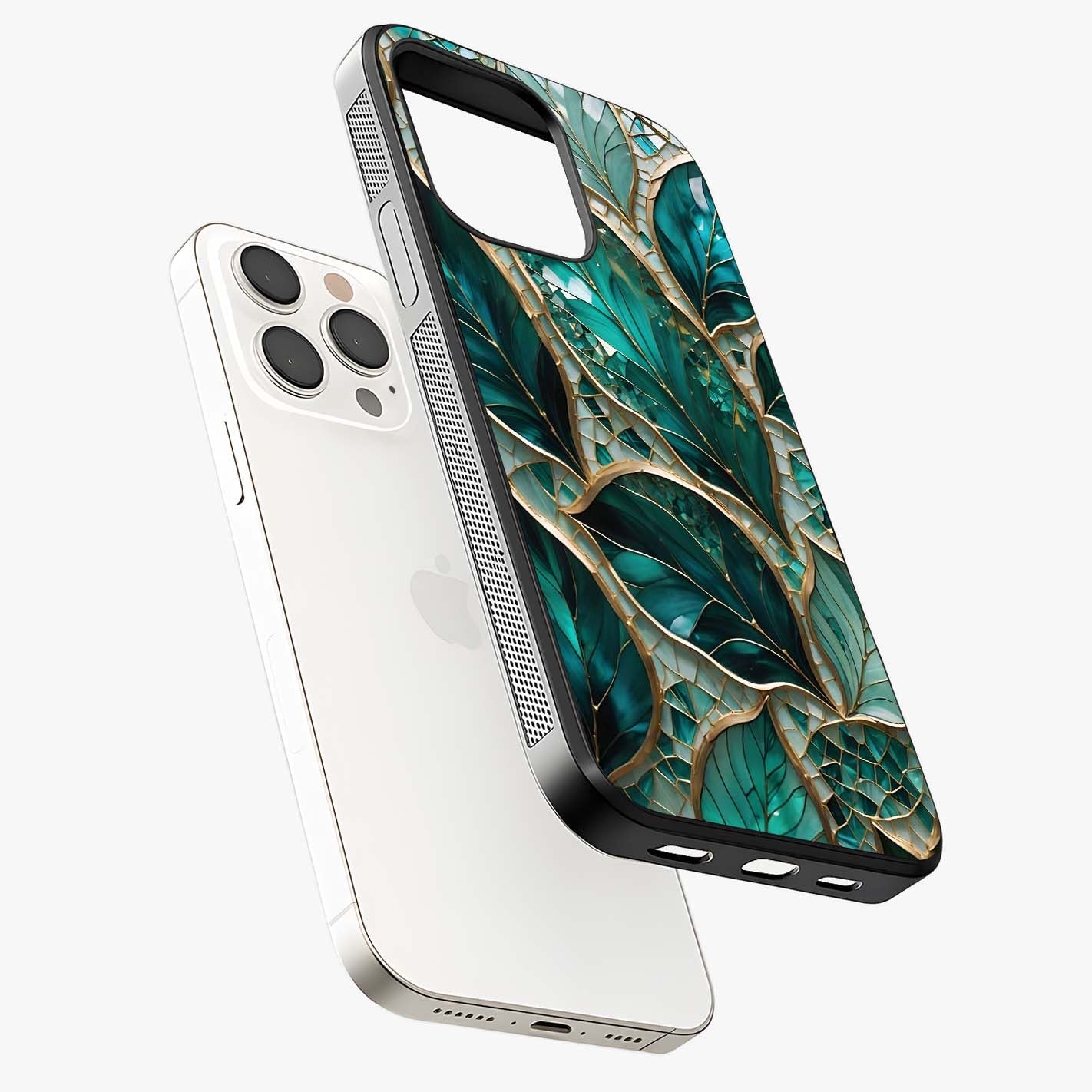 Emerald Leaf Glass Glass Case laid diagonally highlighting side profile, edges and glossy glass shine.