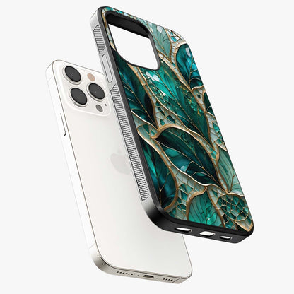 Emerald Leaf Glass Glass Case laid diagonally highlighting side profile, edges and glossy glass shine.