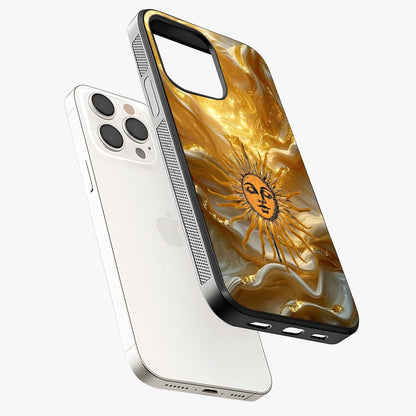 Eternal Golden Glow Glass Case laid diagonally highlighting side profile, edges and glossy glass shine.