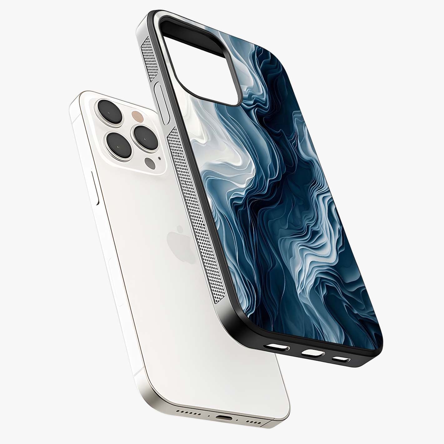 Ethereal Paper Marble Glass Case laid diagonally highlighting side profile, edges and glossy glass shine.
