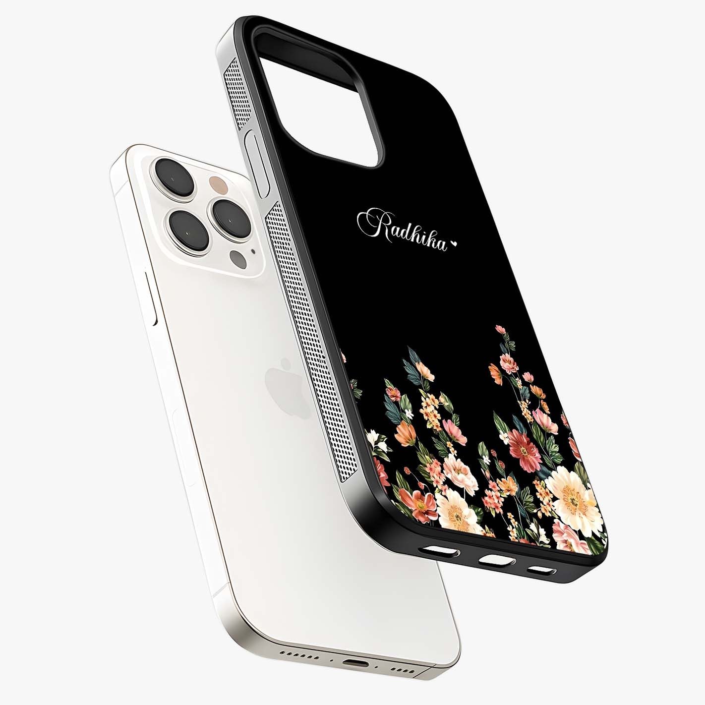 Floral Design With A Custom Personalized Name Glass Case laid diagonally highlighting side profile, edges and glossy glass shine.