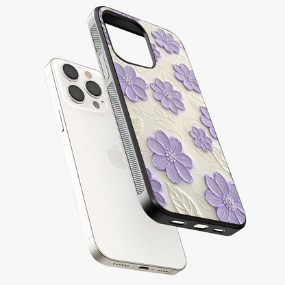 Floral Wall Art With Purple Flowers Glass Case laid diagonally highlighting side profile, edges and glossy glass shine.
