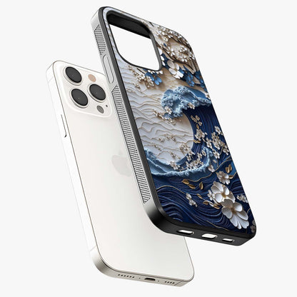 Floral Wave Origami Glass Case laid diagonally highlighting side profile, edges and glossy glass shine.