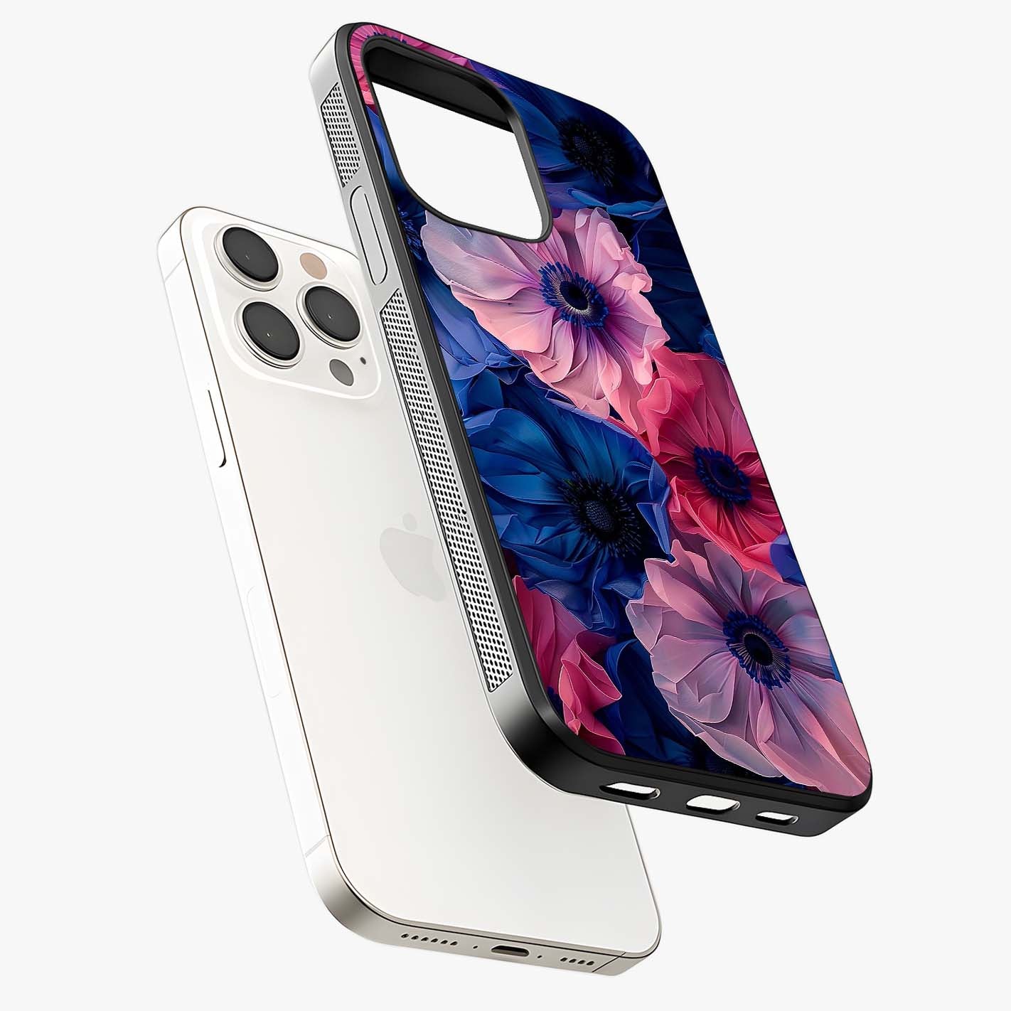 Flower Paper Art Pattern Glass Case laid diagonally highlighting side profile, edges and glossy glass shine.