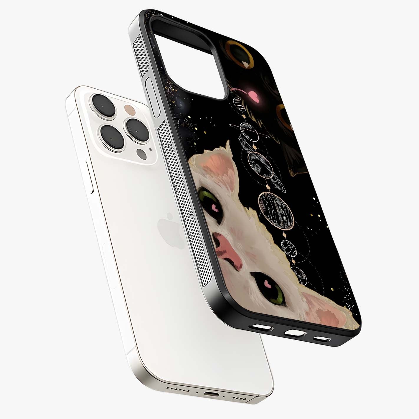 Galactic Cat Glass Case laid diagonally highlighting side profile, edges and glossy glass shine.