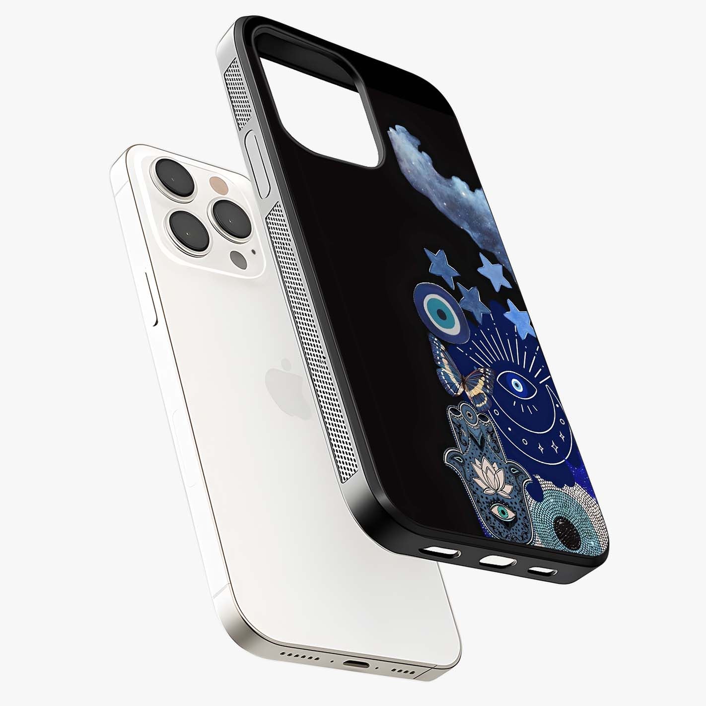 Galactic Charm Cluster Glass Case laid diagonally highlighting side profile, edges and glossy glass shine.