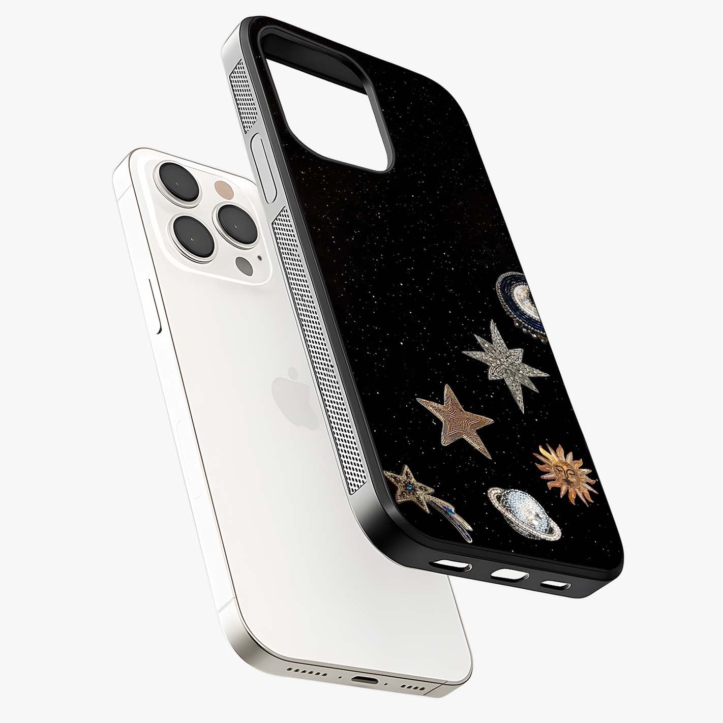 Galactic Charm Glow Glass Case laid diagonally highlighting side profile, edges and glossy glass shine.