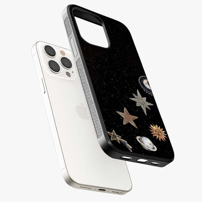 Galactic Charm Glow Glass Case laid diagonally highlighting side profile, edges and glossy glass shine.
