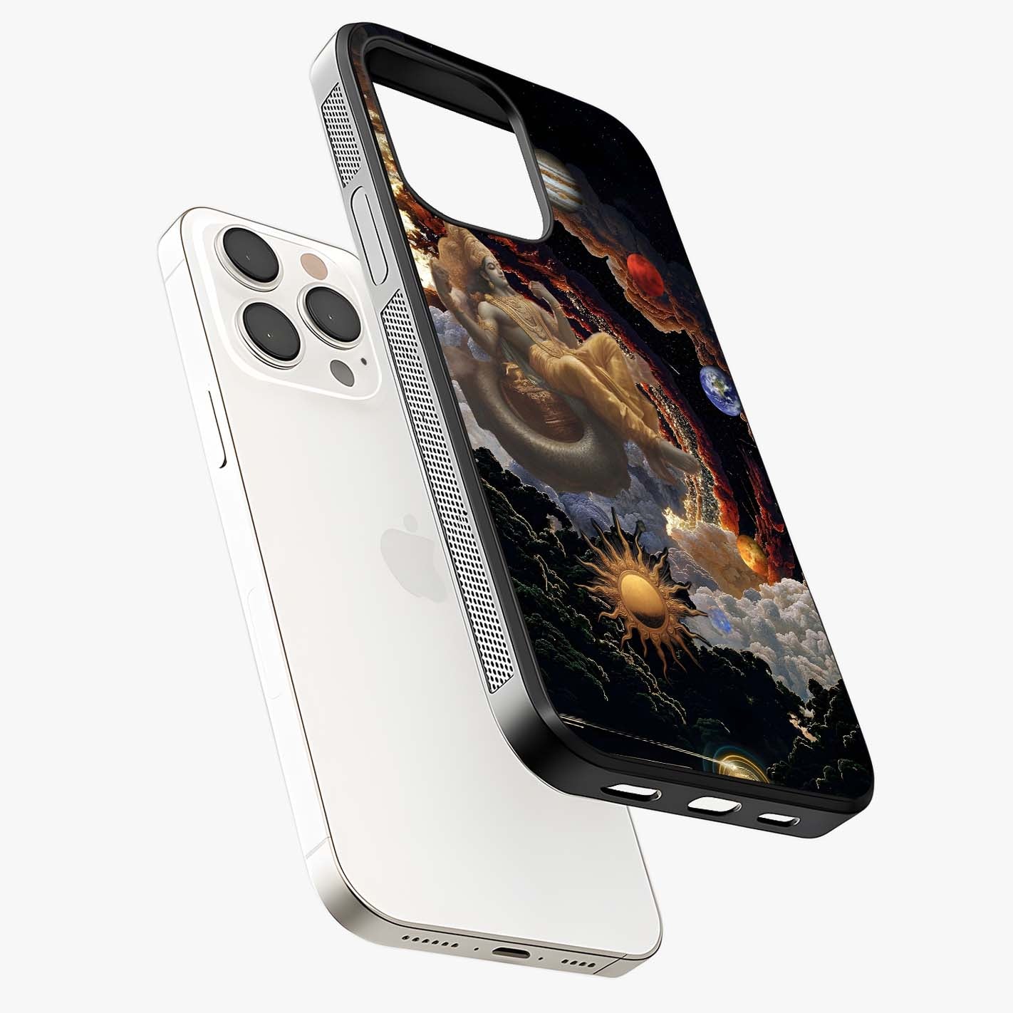 Galactic Divine God Glass Case laid diagonally highlighting side profile, edges and glossy glass shine.