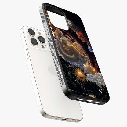 Galactic Divine God Glass Case laid diagonally highlighting side profile, edges and glossy glass shine.