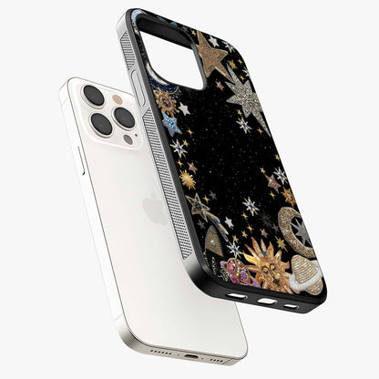 Galactic Jewel Stars Glass Case laid diagonally highlighting side profile, edges and glossy glass shine.
