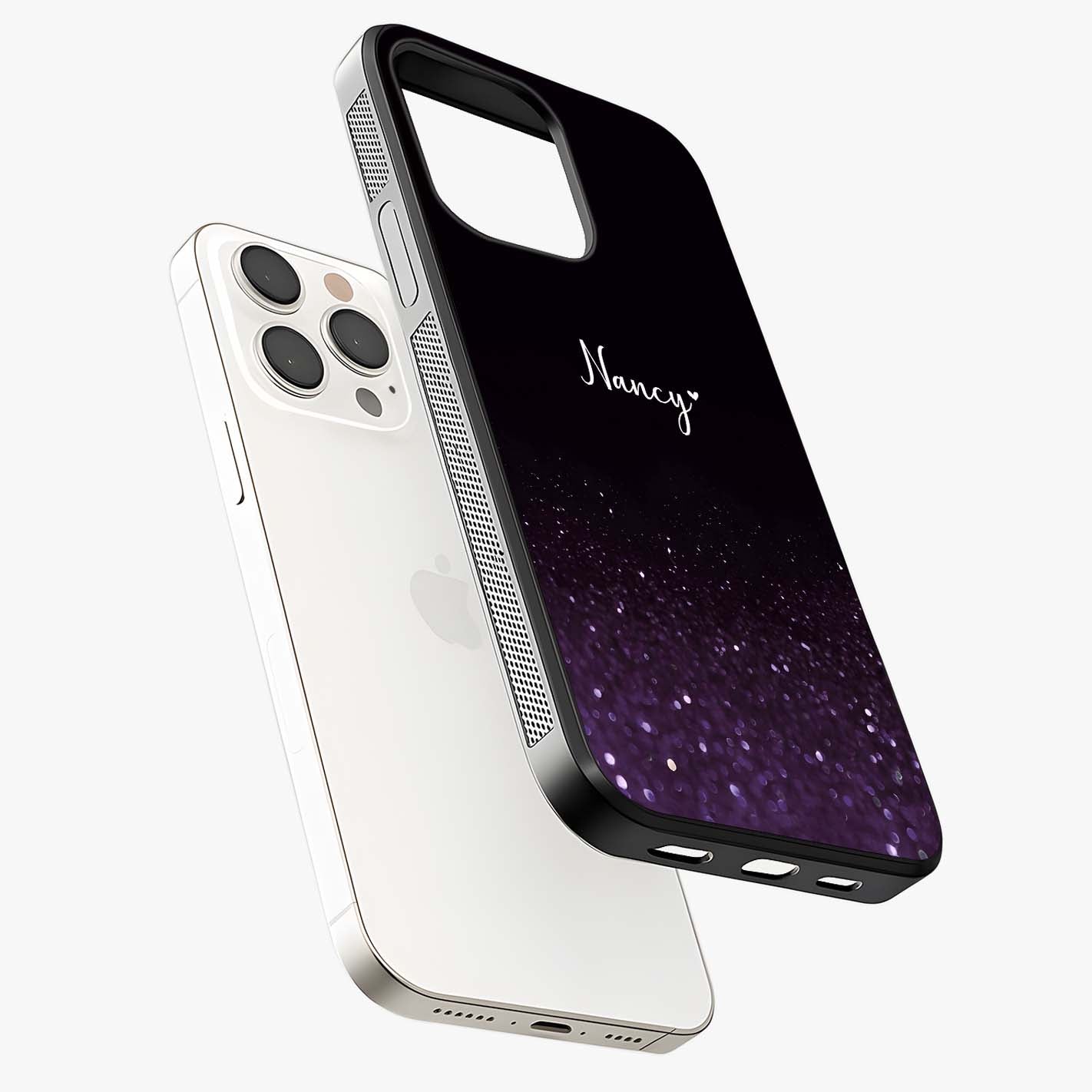 Glittery Purple Bokeh Custom Name Glass Case laid diagonally highlighting side profile, edges and glossy glass shine.